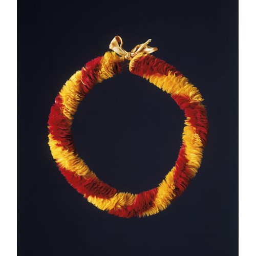 A Fine Feather Lei Hulu of Hawaii composed of red and yellow bird feathers in the 'Pani ' O' style